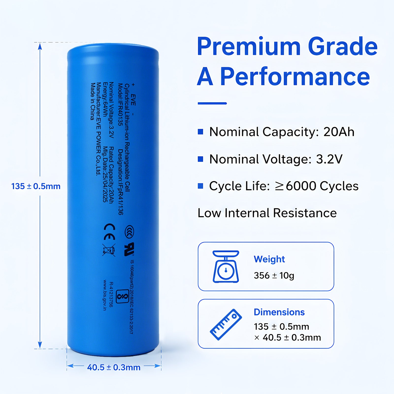 EVE C40 20Ah IFR40135 Lifepo4 Battery Cell Grade A 3.2V Lithium Iron Phosphate Rechargeable Cylindrical Power Solar Storage Backup