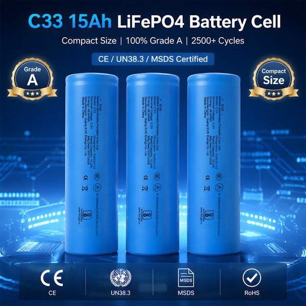 Premium EVE C33 3.2V 15Ah LiFePO4 Cylindrical Battery Cell for Solar & RV