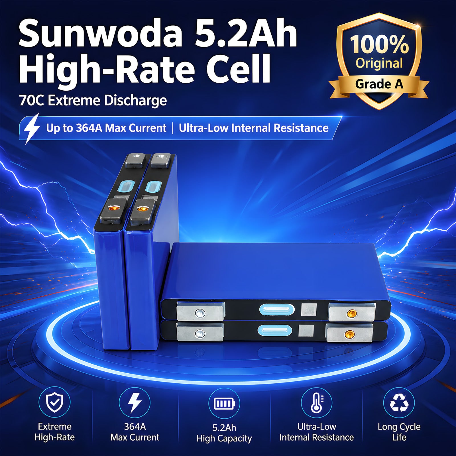 Sunwoda 70C High Rate 3.7V 5.2Ah 364A LiFePO4 Prismatic Cell for Racing & Starter
