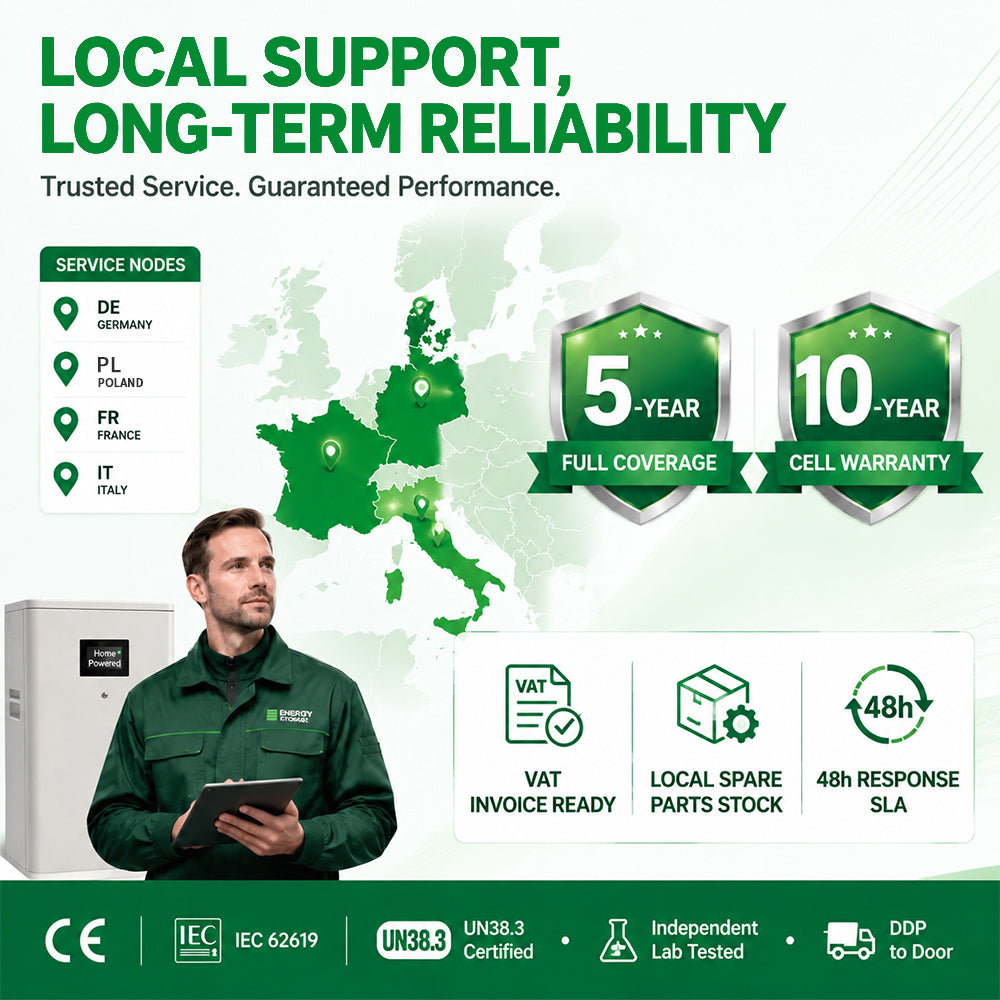 Ampulse Power local support network in Europe with 5-year full coverage and 10-year cell warranty for reliable home energy storage.