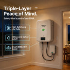 Triple-layer safety features of Ampulse Power home battery, highlighting high-safe cells, millisecond safety cutoff, and 24/7 smart BMS guard.