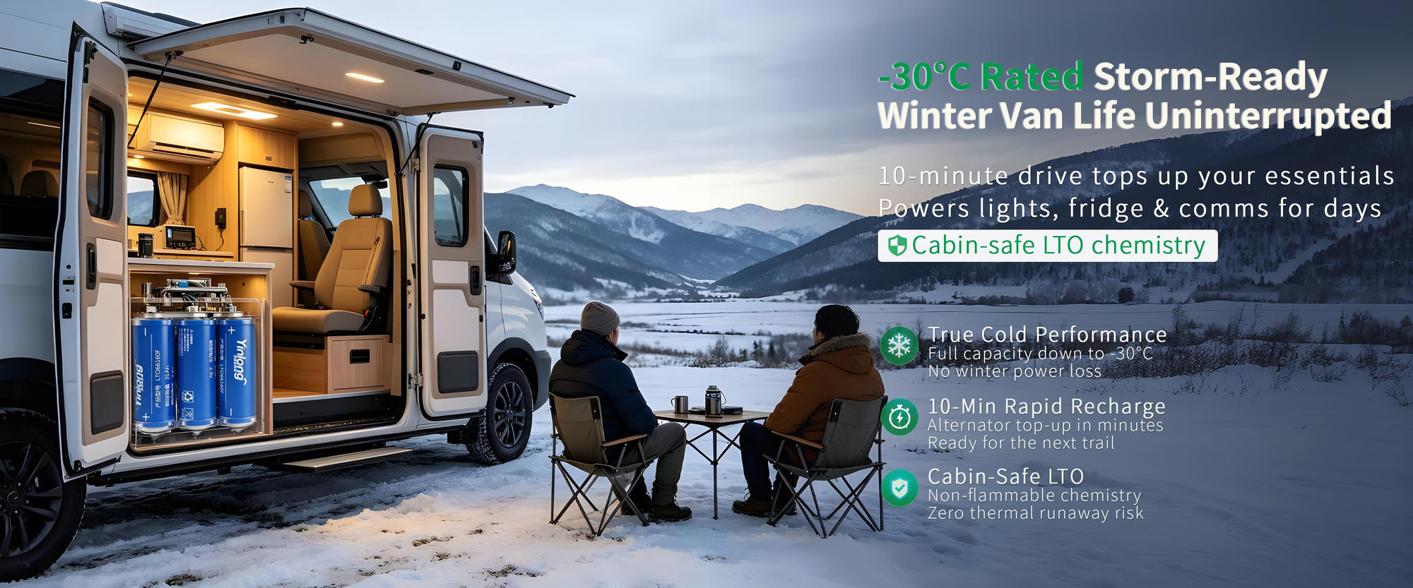 Cold-resistant LTO battery for RVs in extreme winter weather and van life.