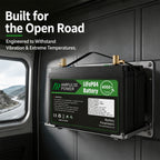Rugged LiFePO4 RV battery engineered to withstand road vibration and extreme temperatures for long-distance travel.