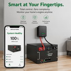 Smartphone displaying the Ampulse app interface monitoring system health and battery level of the home energy storage unit.